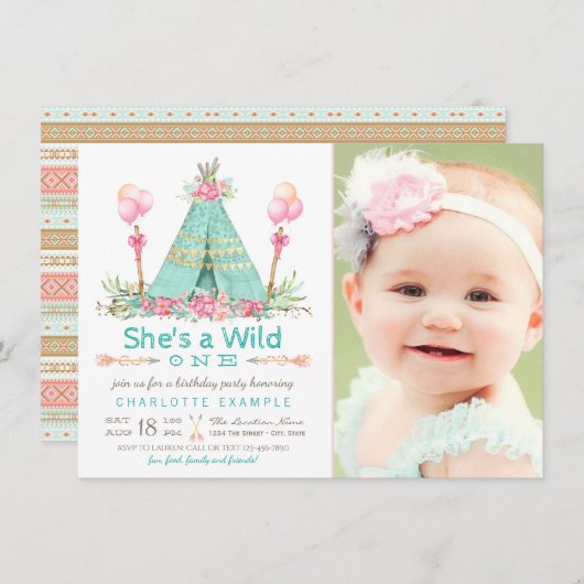 ワイルドワンバースデーパーティーテエペファースト誕生日 招待状 (正面/裏面)