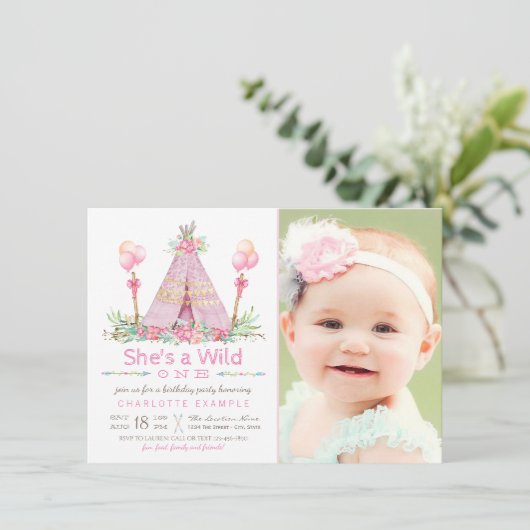ワイルドワンバースデーパーティーPink Teepee第1誕生日 招待状 (スタンド正面)