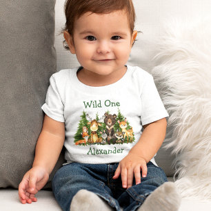 ワイルドワンバースデーフォレスト動物の木 ベビーTシャツ