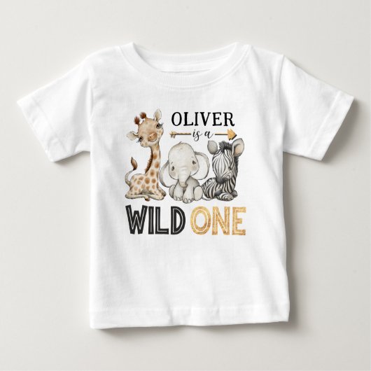 ワイルドワンパーソナライズされたサファリファースト誕生日 ベビーTシャツ (正面)