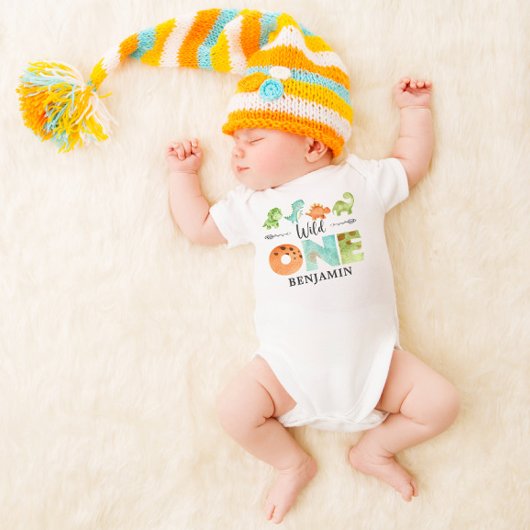 ワイルドワンパーソナライズされた恐竜ファースト誕生日 ベビーボディスーツ