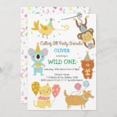 ワイルドワンパーティーアニマルズボーイベビー誕生日 招待状 (正面/裏面)