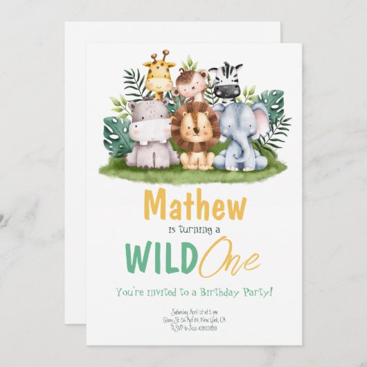 ワイルドワンパーティー動物誕生日招待状 招待状 (正面/裏面)