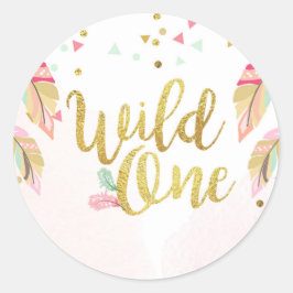 ワイルドワンパーティー好意ラベルステッカーピンク金ゴールドボホ ラウンドシール