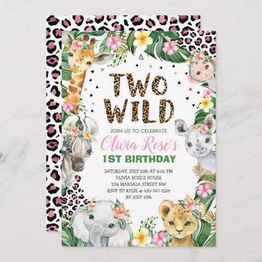 ワイルドワンヒョウ印刷サファリ1歳の誕生日 招待状 (正面/裏面)