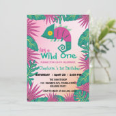 ワイルドワンピンクカメレオンジャングル第1動物誕生日 招待状 (スタンド正面)