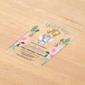 ワイルドワンピンクガールエレファントファースト誕生日 アクリル招待状 (レイダウン)