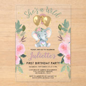 ワイルドワンピンクガールエレファントファースト誕生日 アクリル招待状 (正面)