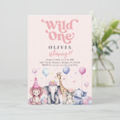 ワイルドワンピンクジャングルサファリアニマルガール誕生日 招待状 (スタンド正面)