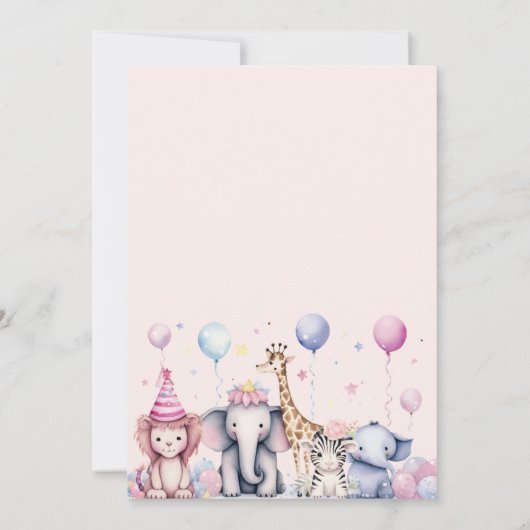ワイルドワンピンクジャングルサファリアニマルガール誕生日 招待状 (裏面)