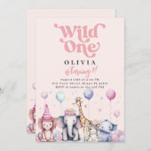 ワイルドワンピンクジャングルサファリアニマルガール誕生日 招待状 (正面/裏面)