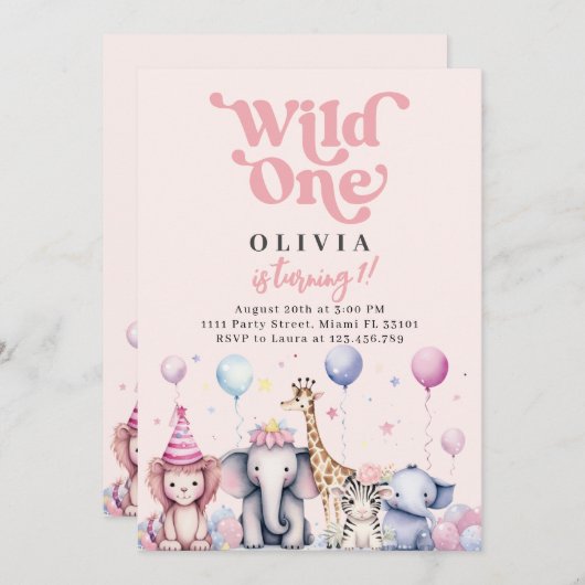 ワイルドワンピンクジャングルサファリアニマルガール誕生日 招待状 (正面/裏面)