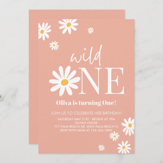 ワイルドワンピンクデイジー1st誕生日招待状 招待状 (正面/裏面)