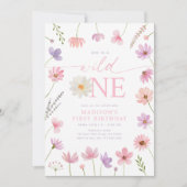 ワイルドワンピンクパープルワイルドフラワーファースト誕生日 招待状 (正面)