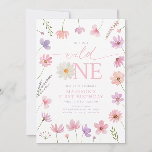 ワイルドワンピンクパープルワイルドフラワーファースト誕生日 招待状 (正面)