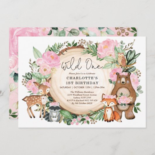 ワイルドワンピンクフラワー森林1歳誕生日 招待状 (正面/裏面)