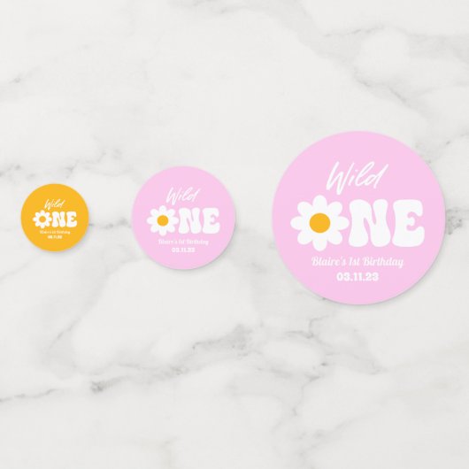 ワイルドワンピンクホワイトデイジーレトロ第1回誕生日 コンフェッティ (正面)