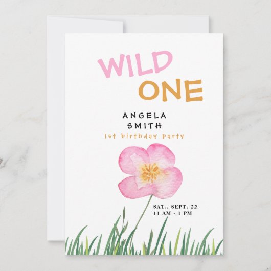 ワイルドワンピンクワイルドフラワー1st誕生日パーティー 招待状 (正面)