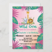 ワイルドワンピンク動物園ジャングル第1動物誕生日の女の子 招待状 (正面)