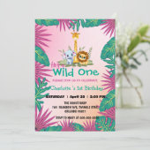 ワイルドワンピンク動物園ジャングル第1動物誕生日の女の子 招待状 (スタンド正面)