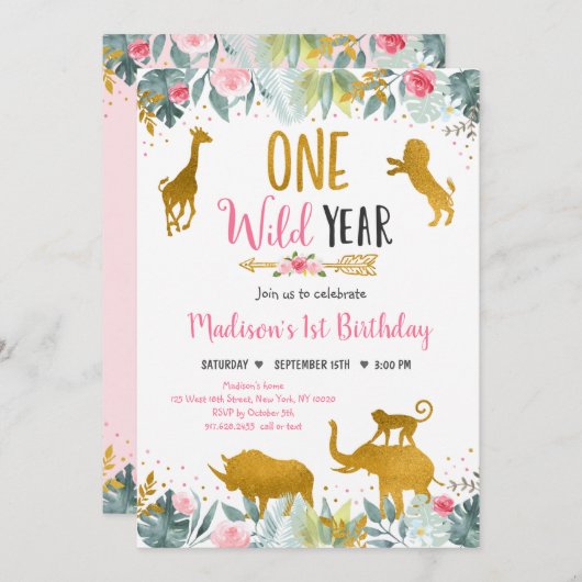 ワイルドワンピンク金ゴールドグリーンリーサファリ誕生日 招待状 (正面/裏面)