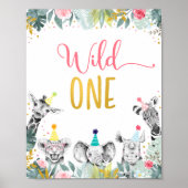 ワイルドワンピンク金ゴールドパーティー動物誕生日標識 ポスター (正面)