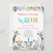 ワイルドワンピンク金ゴールドパーティー動物誕生日 招待状 (正面)