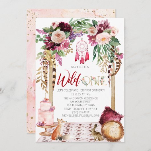 ワイルドワンピンク金ゴールドボホドリームキャッチャー誕生日 招待状 (正面/裏面)