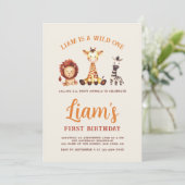 ワイルドワンファースト誕生日ウォーターカラーサファリ動物 招待状 (スタンド正面)