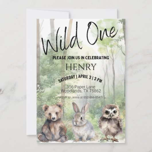 ワイルドワンファースト誕生日ウッドランドアニマルズ招待状 招待状 (正面)