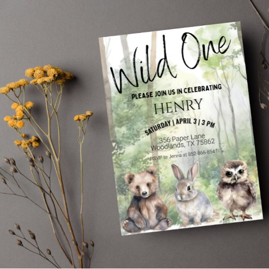 ワイルドワンファースト誕生日ウッドランドアニマルズ招待状 招待状