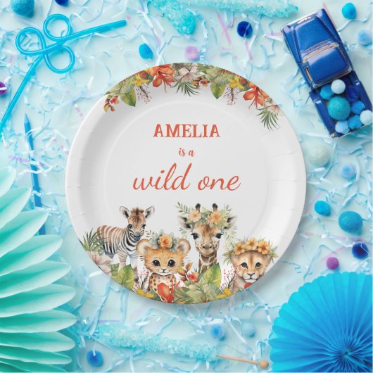 ワイルドワンファースト誕生日ガールサファリジャングル動物 ペーパープレート (パーティー)
