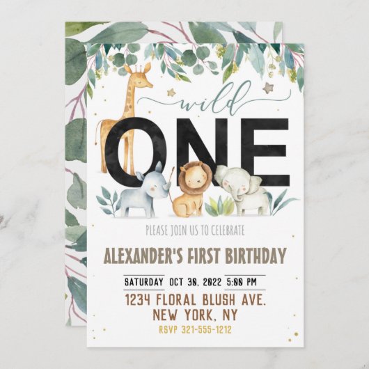 ワイルドワンファースト誕生日ジャングルアニマルズ誕生日 招待状 (正面/裏面)
