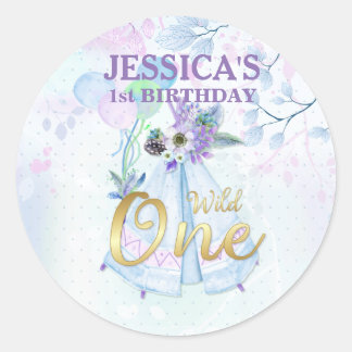 ワイルドワンファースト誕生日ブルーティーピーボホ ラウンドシール