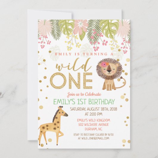 ワイルドワンファースト1歳招待状ガール 招待状 (正面)