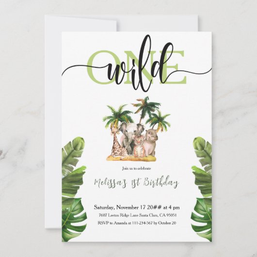 ワイルドワンファースト1stサファリ動物の誕生日パーティー 招待状 (正面)
