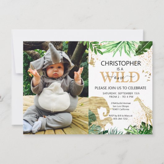 ワイルドワンフォトサファリをテーマにした誕生日パーティー 招待状 (正面)