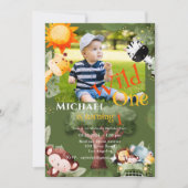 ワイルドワンフォトサファリ動物の誕生日パーティー 招待状 (正面)