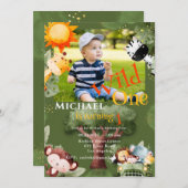 ワイルドワンフォトサファリ動物の誕生日パーティー 招待状 (正面/裏面)