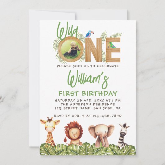 ワイルドワンフォトサファリ動物ウッドバースデーイン 招待状 (正面)