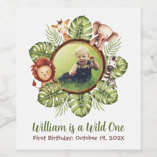 ワイルドワンフォトサファリ動物ジャングル1歳の誕生日 ワインラベル (シングルラベル)