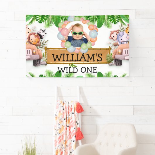 ワイルドワンフォトジャングルサファリアニマルズ誕生日 横断幕 (インサイチュ)
