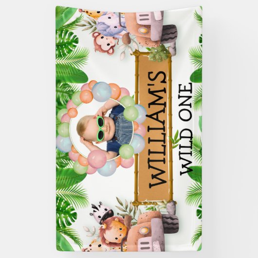 ワイルドワンフォトジャングルサファリアニマルズ誕生日 横断幕 (縦)