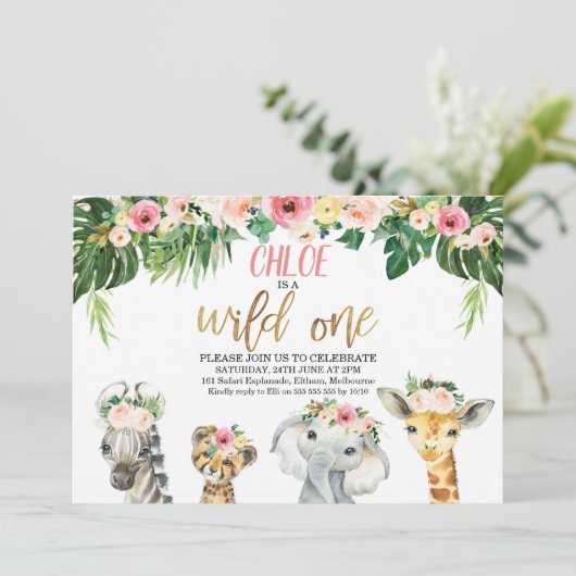 ワイルドワンフローラの葉サファリアニマルズ誕生日 招待状 (スタンド正面)