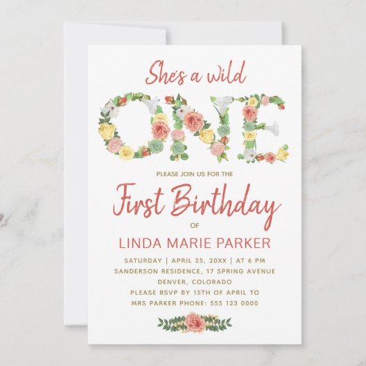 ワイルドワンフローラタイポグラフィガール1st誕生日パーティー 招待状 (正面)