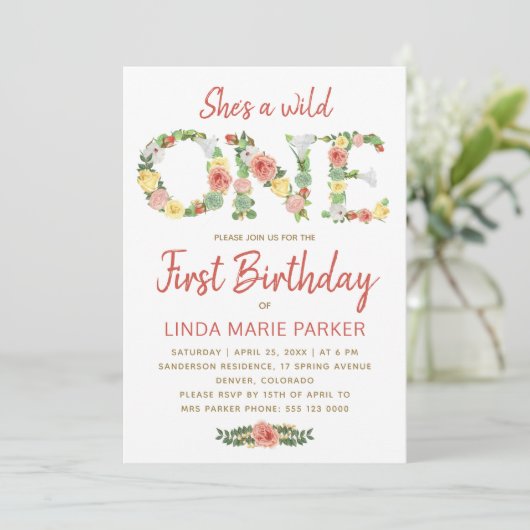 ワイルドワンフローラタイポグラフィガール1st誕生日パーティー 招待状 (スタンド正面)