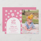 ワイルドワンフローラフォトベビーガール1st誕生日パーティー 招待状 (正面/裏面)
