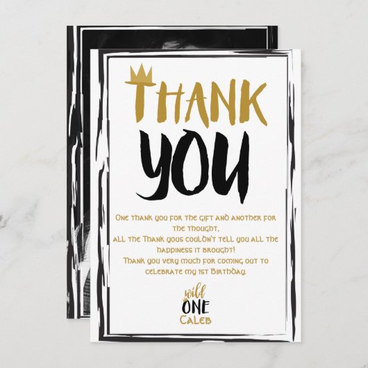 ワイルドワンブラック金ゴールド写真1 1歳の誕生日ありがとう 招待状 (正面/裏面)