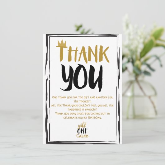 ワイルドワンブラック金ゴールド写真1 1歳の誕生日ありがとう 招待状 (スタンド正面)