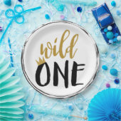 ワイルドワンブラック+金ゴールド写真1歳の誕生日 ペーパープレート (パーティー)